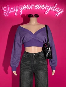 Slaydiva Atasan Crop Wanita Warna Ungu Violet Mineral Washed Off Shoulder Wrap Crop Top Gaya Y2K Street untuk Acara Jalanan - Purple - View 7