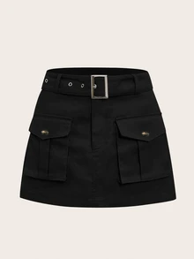 SHEIN EZwear 大尺碼女款黑色休閒工裝迷你裙，100，返校教師風，秋季，優雅適用派對約會之夜正式場合假期婚禮 - 黑色 - 查看 1