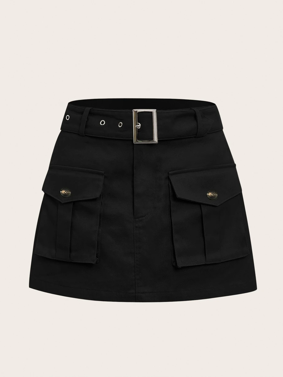 SHEIN EZwear 大尺碼女款黑色休閒工裝迷你裙，100，返校教師風，秋季，優雅適用派對約會之夜正式場合假期婚禮 - 黑色 - 查看 1