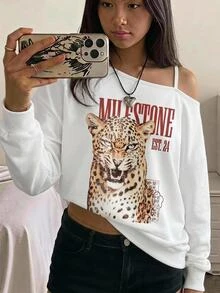 SHEIN Teen Girl Letter & Leopard Print Asymmetrical Neck Sweatshirt - White - View 3