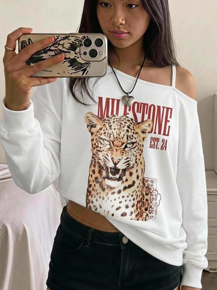 SHEIN Teen Girl Letter & Leopard Print Asymmetrical Neck Autumn Winter Sweatshirt - White - View 3