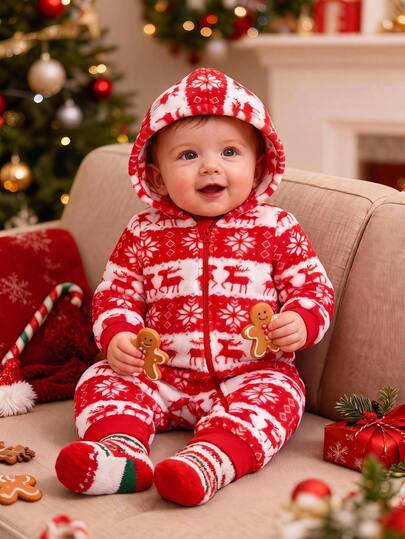 SHEIN Baby Boy Baby Girl Christmas Double-Sided Plush Cute Jacquard Hooded Zipper Front Thick Romper Long Pants Suitable For Winter