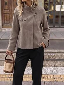 Brillora Jaket Pendek Leher Tinggi Motif Herringbone, Atasan Wol Lengan Lebar Longgar Bergaya Vintage - Coklat - View 9
