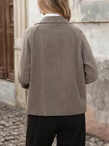 Brillora Jaket Pendek Leher Tinggi Motif Herringbone, Atasan Wol Lengan Lebar Longgar Bergaya Vintage - Coklat - View 3