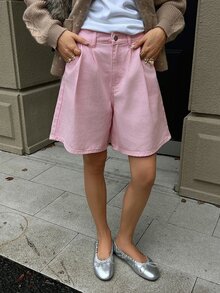 DAZY 女款休閒寬鬆百褶牛仔短褲，附口袋 - 粉色 - 查看 4