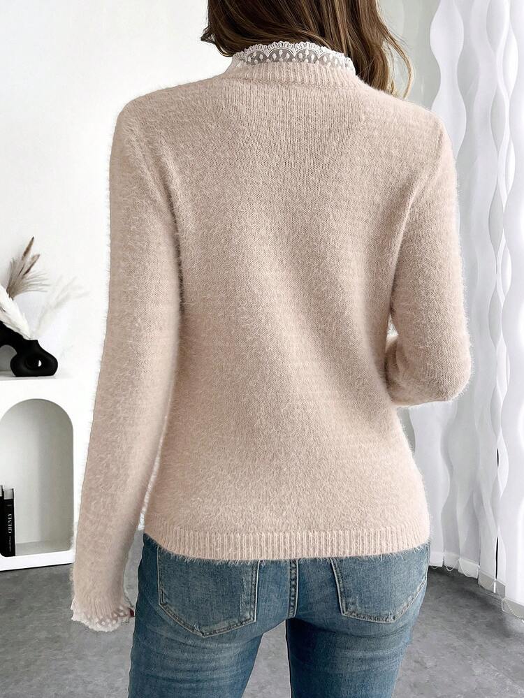 Pariaura Fashionable & Sweet Lace Collar Soft Fluffy Faux Mink Fur Pullover Sweater, Autumn & Winter,Long Sleeve Tops, Knit Pullover Fall - Apricot - View 3