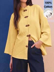 EastFlair Women's Frog Button Placket Drop Shoulder Long Sleeve Casual Shirt - Mustard Yellow - View 2