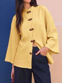 EastFlair Women's Frog Button Placket Drop Shoulder Long Sleeve Casual Shirt - Mustard Yellow - View 9