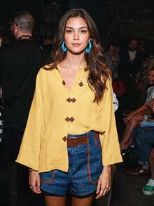 EastFlair Women's Frog Button Placket Drop Shoulder Long Sleeve Casual Shirt - Mustard Yellow - View 6