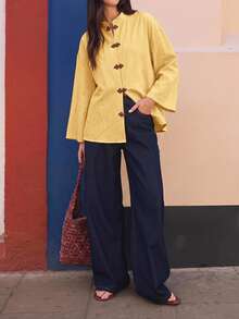 EastFlair Women's Frog Button Placket Drop Shoulder Long Sleeve Casual Shirt - Mustard Yellow - View 7