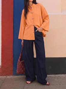 EastFlair Women's Vintage Fashion Frog Button Blouse For Vacation - Coral Orange - View 7