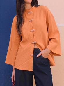 EastFlair Women's Vintage Fashion Frog Button Blouse For Vacation - Coral Orange - View 9