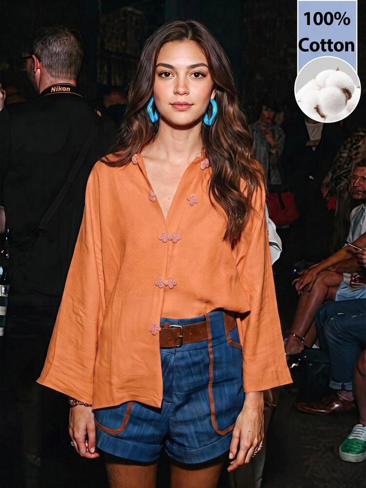 EastFlair Áo blouse nữ thời trang vintage cài nút hình ếch cho đi du lịch - Màu Cam san hô - Xem 1