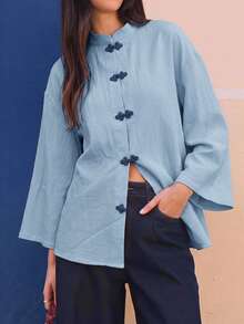 EastFlair 女款休閒復古青蛙鈕扣襯衫 - 藍色 - 查看 9