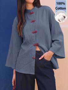 EastFlair Women's Loose Fit Long Sleeve Chinese Style Shirt With Frog Button Design - Dusty Blue - View 2