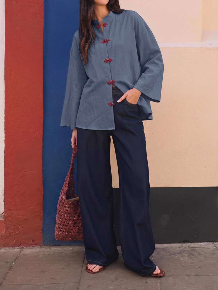 EastFlair Women's Loose Fit Long Sleeve Chinese Style Shirt With Frog Button Design - Dusty Blue - View 7