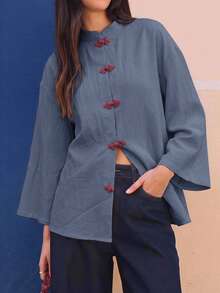 EastFlair Women's Loose Fit Long Sleeve Chinese Style Shirt With Frog Button Design - Dusty Blue - View 9