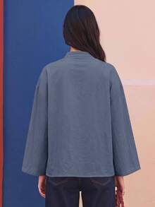 EastFlair Women's Loose Fit Long Sleeve Chinese Style Shirt With Frog Button Design - Dusty Blue - View 8