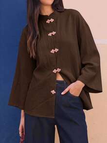 EastFlair Women's Casual Vintage Frog Button Top - Coffee Brown - View 9