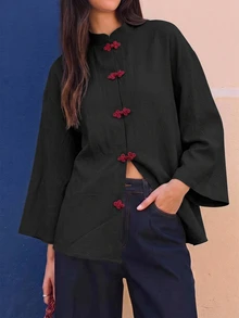 EastFlair 女款休閒通勤青蛙鈕扣長袖上衣 - 黑色 - 查看 9