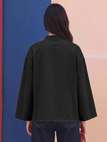 EastFlair 女款休閒通勤青蛙鈕扣長袖上衣 - 黑色 - 查看 8