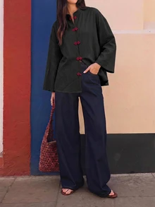 EastFlair 女款休閒通勤青蛙鈕扣長袖上衣 - 黑色 - 查看 7