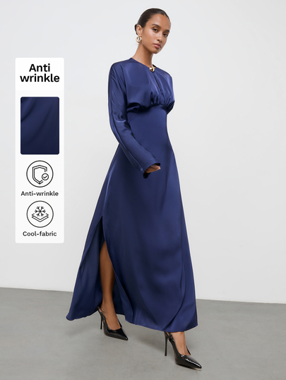 Maija Navy Blue Women's Long Dress, Elegant Party Urban Long Sleeve Cinched Waist A-Line