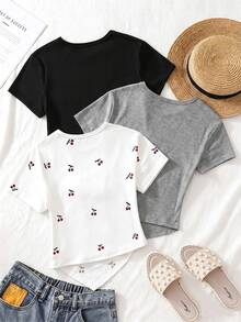 SHEIN 3件組青少年女孩圓領套頭短袖修身不對稱下擺T恤上衣，黑色、白色、豹紋印花，休閒T恤套裝 - 彩色 - 查看 2