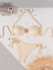 Swim Chiccia Textured Fabric Metal Buckle Halter Tie Side Bikini Set, Summer Beach Vacation - Apricot - View 1