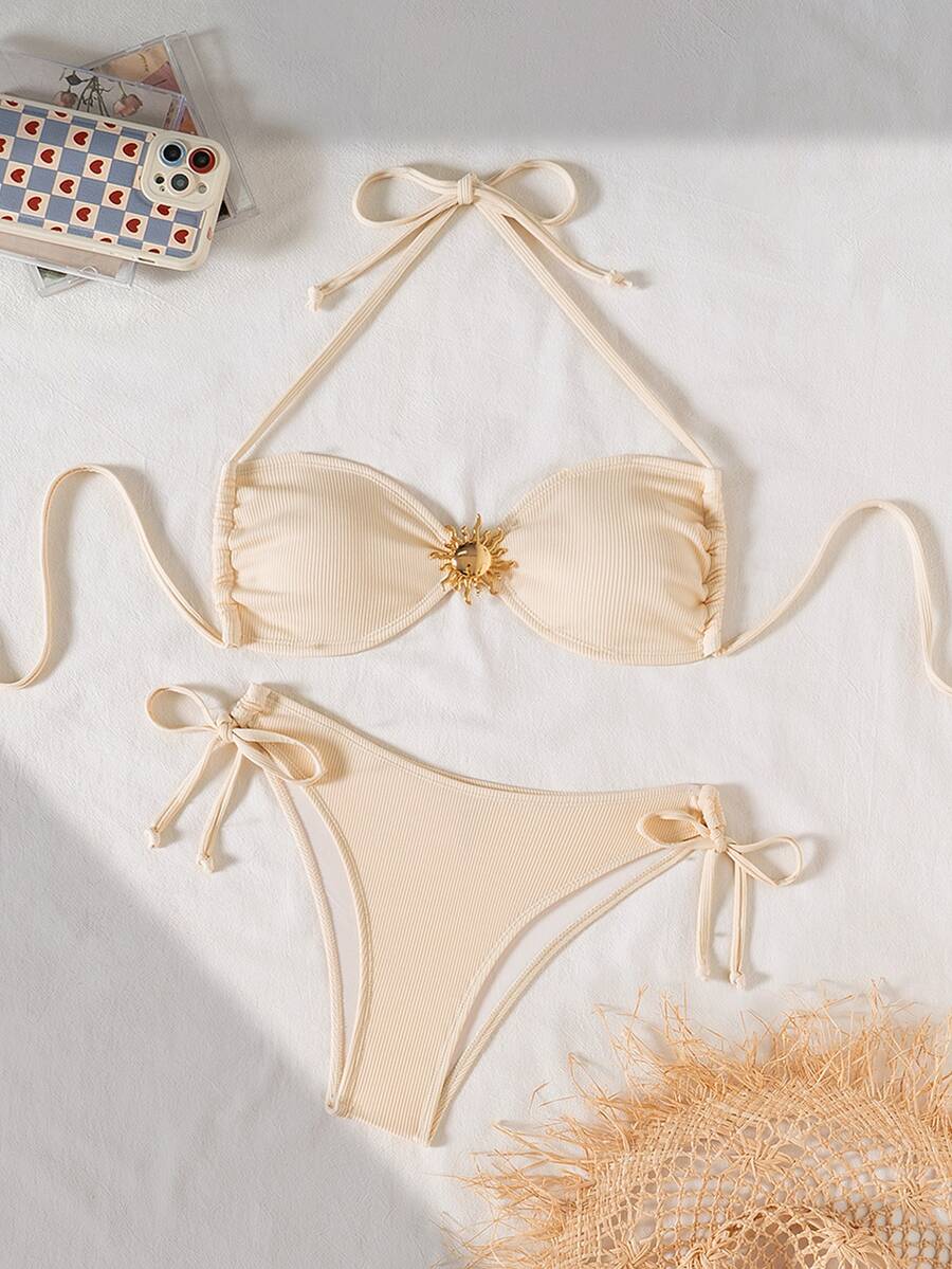 Swim Chiccia Textured Fabric Metal Buckle Halter Tie Side Bikini Set, Summer Beach Vacation - Apricot - View 1