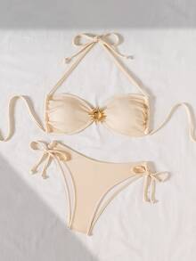 Swim Chiccia Textured Fabric Metal Buckle Halter Tie Side Bikini Set, Summer Beach Vacation - Apricot - View 5