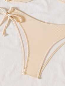 Swim Chiccia Textured Fabric Metal Buckle Halter Tie Side Bikini Set, Summer Beach Vacation - Apricot - View 4