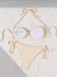 Swim Chiccia Textured Fabric Metal Buckle Halter Tie Side Bikini Set, Summer Beach Vacation - Apricot - View 2