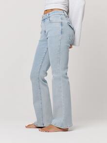 Musera Petite Fitted Low Rise Pocket Detail Bootcut Vintage Style Denim Jeans Autumn Winter Fall Daily Eveyday Core Denim - Baby Blue - View 3