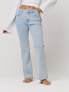 Musera Petite Fitted Low Rise Pocket Detail Bootcut Vintage Style Denim Jeans Autumn Winter Fall Daily Eveyday Core Denim - Baby Blue - View 5