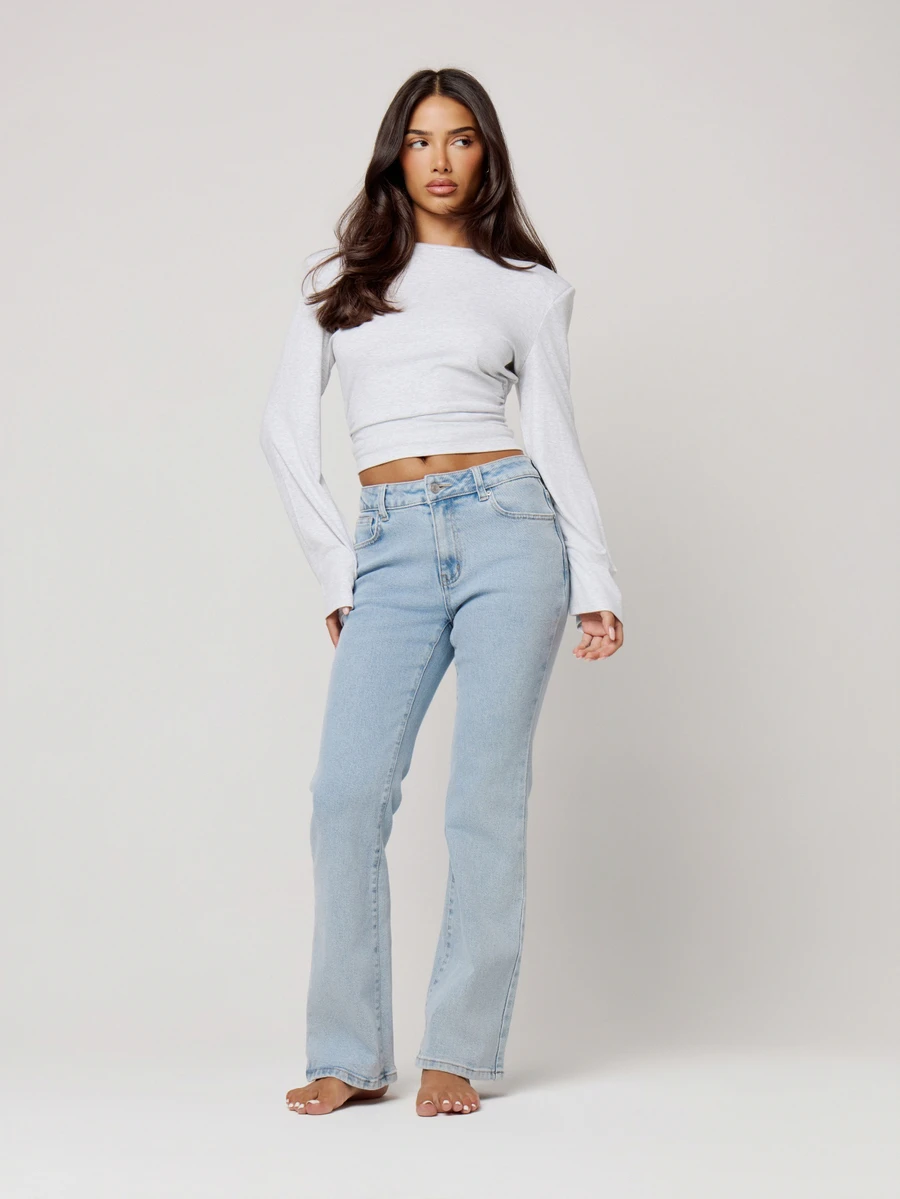 Musera Petite Fitted Low Rise Pocket Detail Bootcut Vintage Style Denim Jeans Autumn Winter Fall Daily Eveyday Core Denim - Baby Blue - View 1