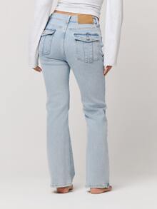 Musera Petite Fitted Low Rise Pocket Detail Bootcut Vintage Style Denim Jeans Autumn Winter Fall Daily Eveyday Core Denim - Baby Blue - View 2