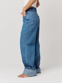 Musera Petite Mid Rise Loose Fitted Mid Rise Turned Up Hem Denim Jeans Autumn Winter Fall Daily Eveyday Core Denim - Medium Wash - View 2