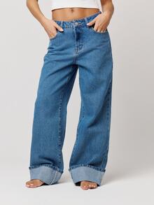 Musera Petite Mid Rise Loose Fitted Mid Rise Turned Up Hem Denim Jeans Autumn Winter Fall Daily Eveyday Core Denim - Medium Wash - View 6