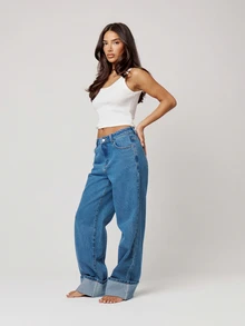 Musera Petite Mid Rise Loose Fitted Mid Rise Turned Up Hem Denim Jeans Autumn Winter Fall Daily Eveyday Core Denim - Medium Wash - View 1