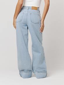 Musera Petite Mid Rise Loose Fitted Mid Rise Turned Up Hem Denim Jeans Autumn Winter Fall Daily Eveyday Core Denim - Baby Blue - View 3
