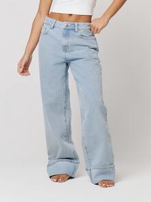 Musera Petite Mid Rise Loose Fitted Mid Rise Turned Up Hem Denim Jeans Autumn Winter Fall Daily Eveyday Core Denim - Baby Blue - View 2