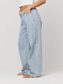 Musera Petite Asymmetric Waistband Loose Fit Mid Rise Straight Leg Fit Denim Jeans Autumn Winter Fall Daily Eveyday Core Denim - Baby Blue - View 5