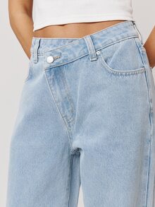Musera Petite Asymmetric Waistband Loose Fit Mid Rise Straight Leg Fit Denim Jeans Autumn Winter Fall Daily Eveyday Core Denim - Baby Blue - View 4