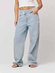 Musera Petite Asymmetric Waistband Loose Fit Mid Rise Straight Leg Fit Denim Jeans Autumn Winter Fall Daily Eveyday Core Denim - Baby Blue - View 2