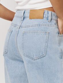 Musera Petite Asymmetric Waistband Loose Fit Mid Rise Straight Leg Fit Denim Jeans Autumn Winter Fall Daily Eveyday Core Denim - Baby Blue - View 6