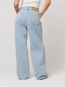 Musera Petite Asymmetric Waistband Loose Fit Mid Rise Straight Leg Fit Denim Jeans Autumn Winter Fall Daily Eveyday Core Denim - Baby Blue - View 3
