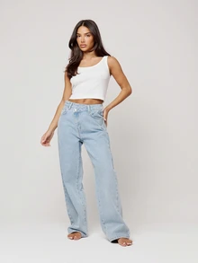 Musera Petite Asymmetric Waistband Loose Fit Mid Rise Straight Leg Fit Denim Jeans Autumn Winter Fall Daily Eveyday Core Denim - Baby Blue - View 1