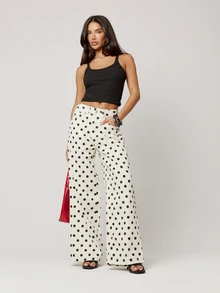 Musera Petite Polka Dot Straight Leg Mid Rise Denim Jeans Autumn Winter Back To School Daily Everyday - Beige - View 1