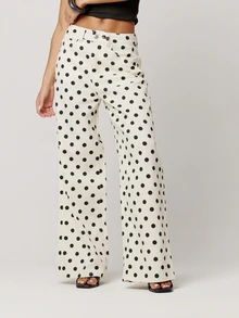 Musera Petite Polka Dot Straight Leg Mid Rise Denim Jeans Autumn Winter Back To School Daily Everyday - Beige - View 2
